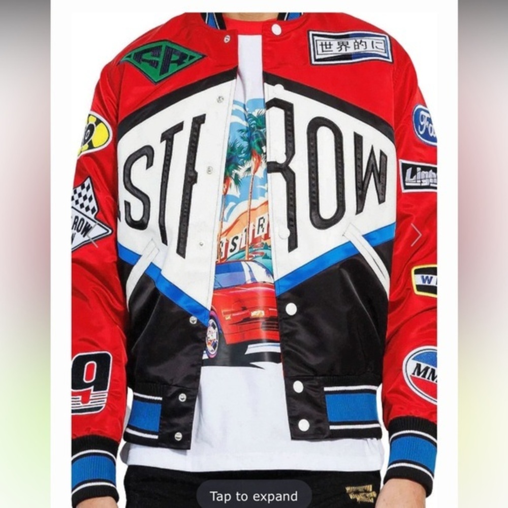 First Row racing  EMBROIDERED PATCHED VARSITY lined pocket JACKET size Large